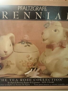 Pfaltzgraff Tea Rose Collection Bunny Sugar and Creamer in Soft Pink and Cream